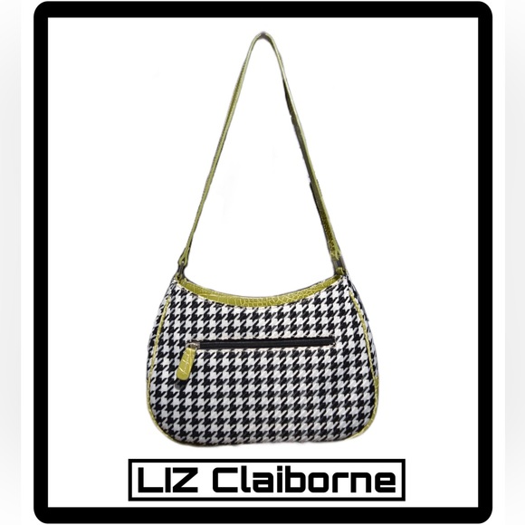 LIZ CLAIBORNE Retro Houndstooth Lime Green Shoulder Bag Purse - Picture 2 of 12